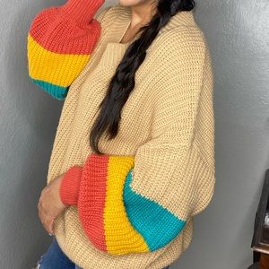 AND THE WAY COLOR BLOCK BALLOON SLEEVE SWEATER TAUPE SIZE S/M